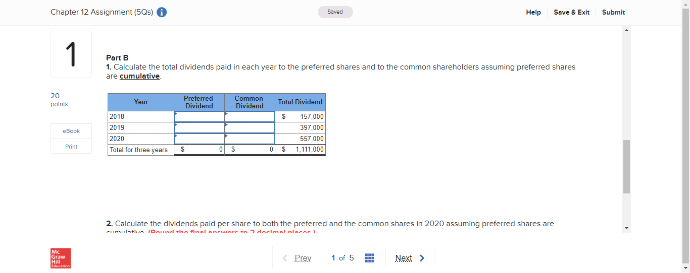 Chapter 12 Assignment (5Qs) i Saved Help Save &