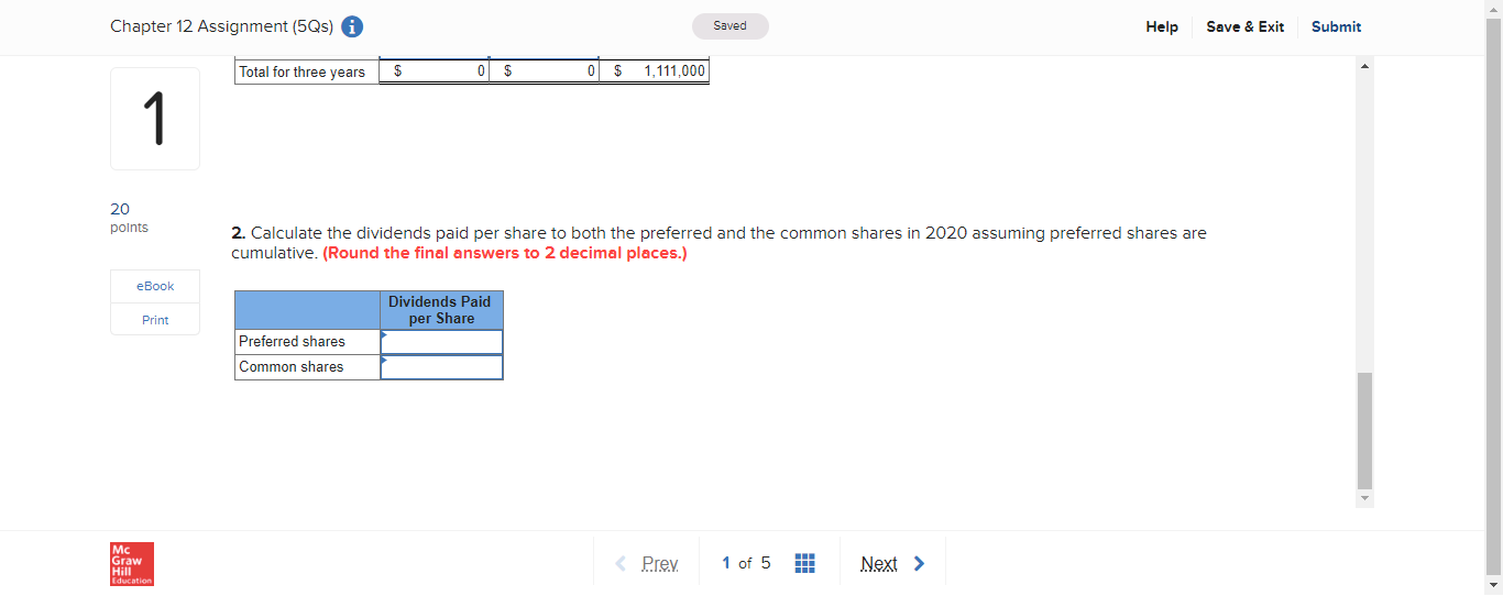 Chapter 12 Assignment (5Qs) i Saved Help Save &