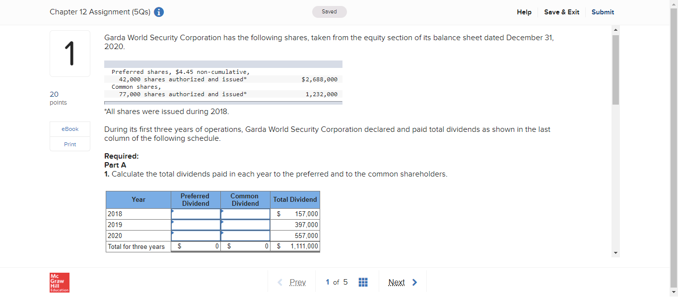 Chapter 12 Assignment (5Qs) i Saved Help Save &