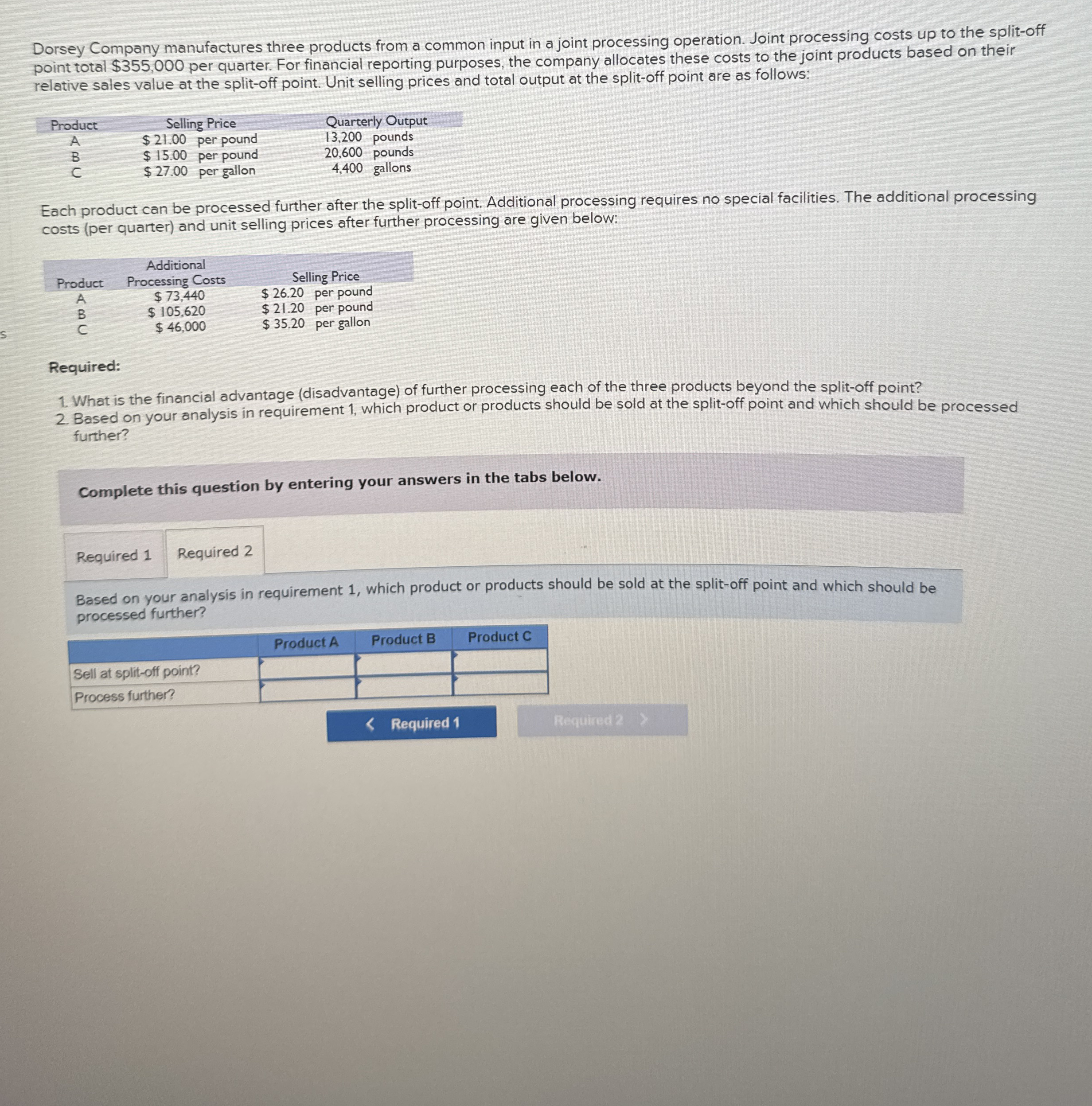 Dorsey Company manufactures three products from a