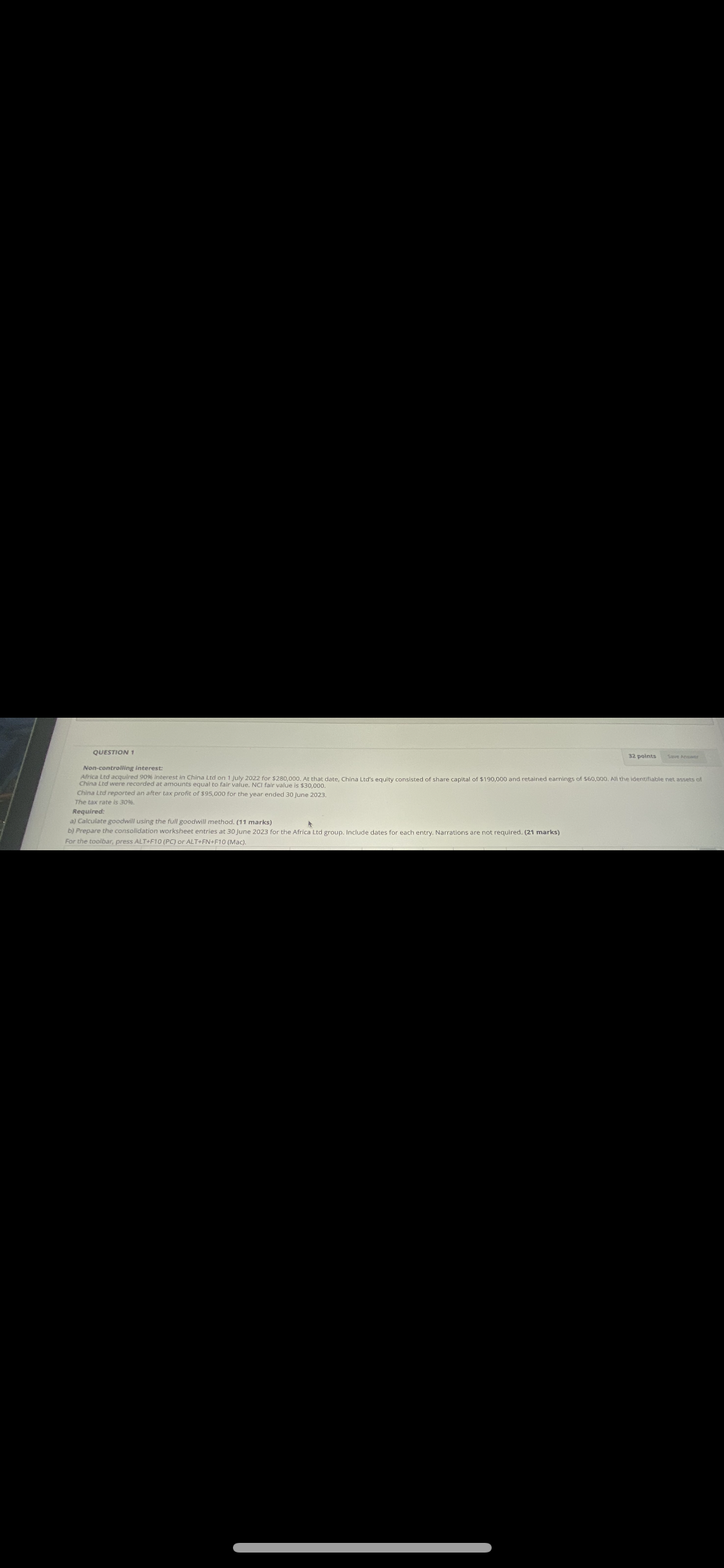QUESTION : 32 points Save Answer Non-controlling