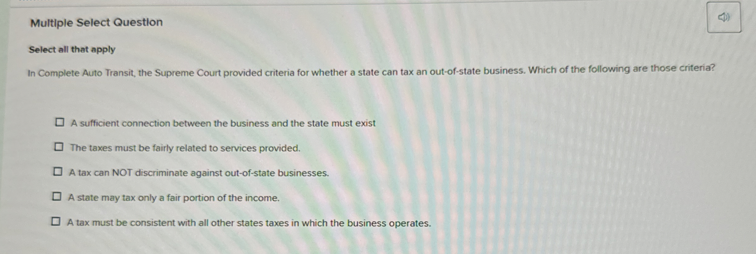 Multiple Select Question Select all that apply In