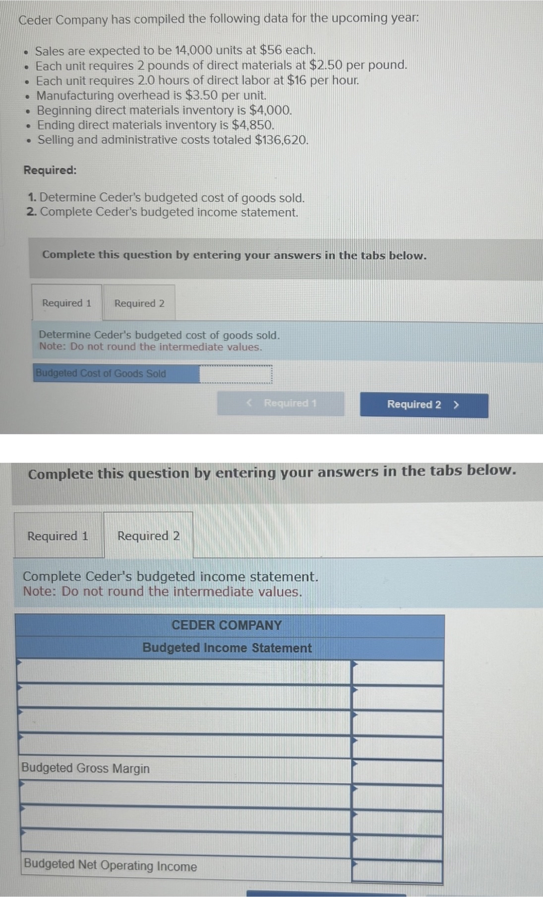 Ceder Company has compiled the following data for