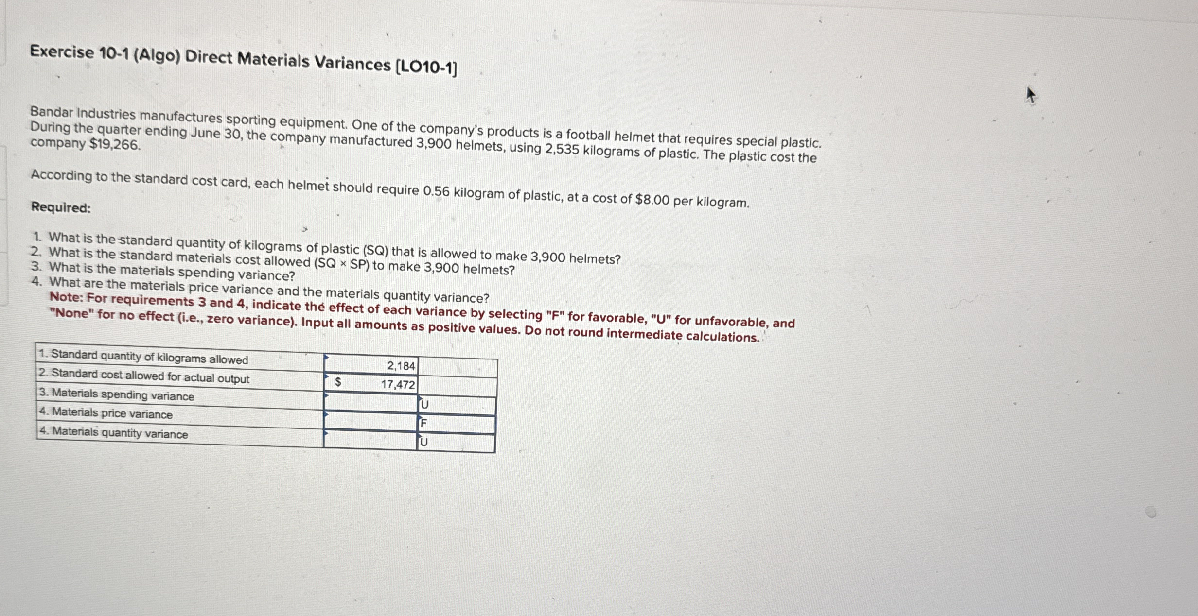 Exercise 1 0 - 1 ( Algo ) Direct Materials