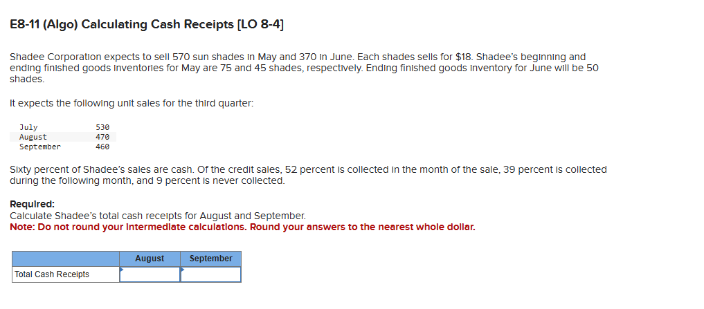 E 8 - 1 1 ( Algo ) Calculating Cash Receipts [ LO