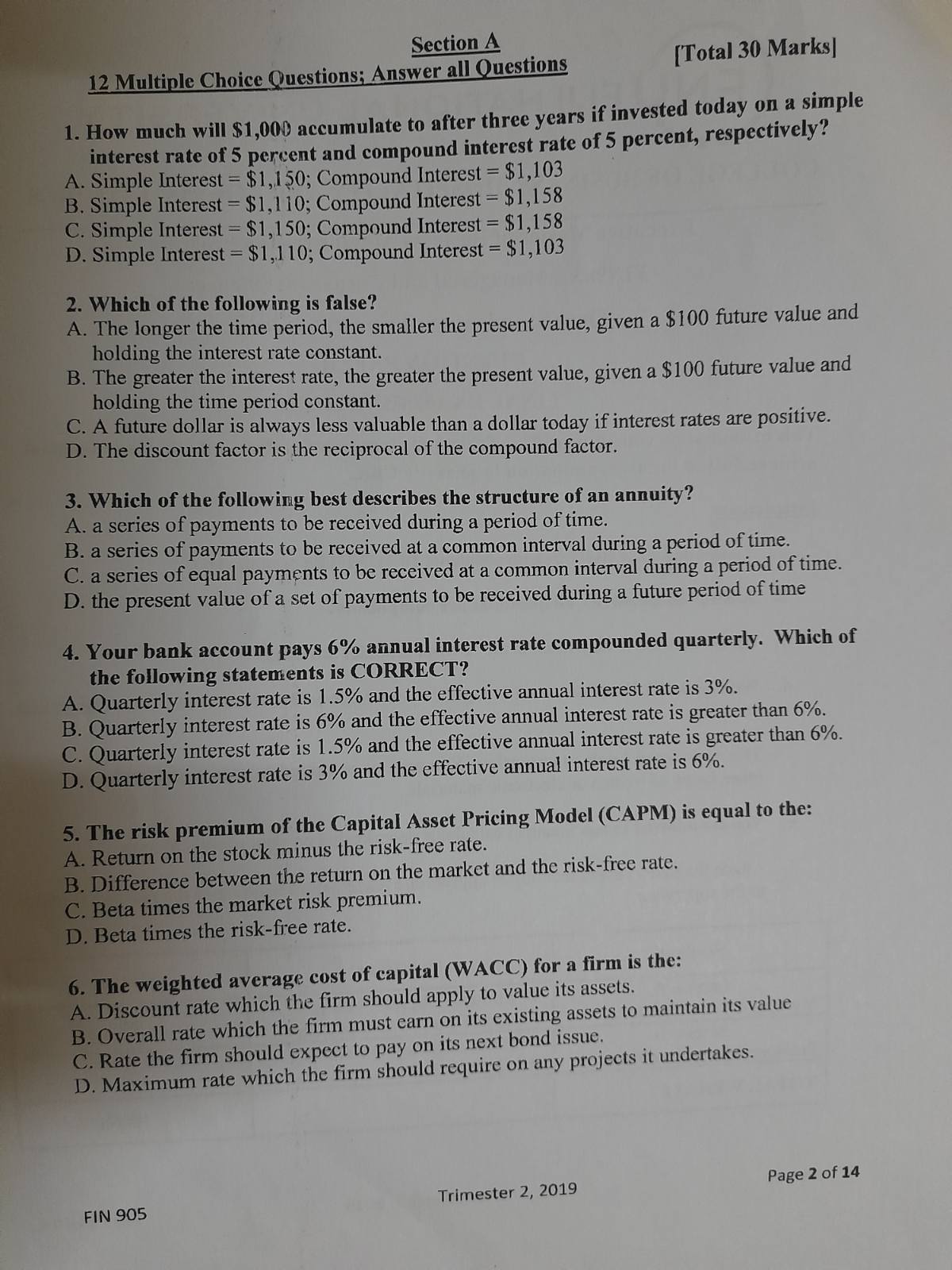 Section A 12 Multiple Choice Questions; Answer