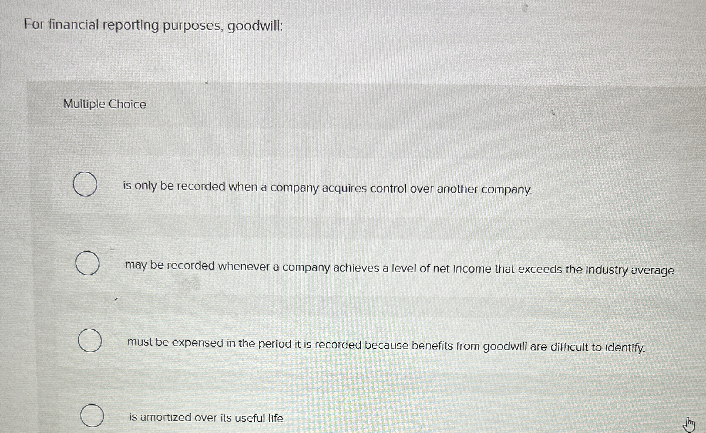 For financial reporting purposes, goodwill: