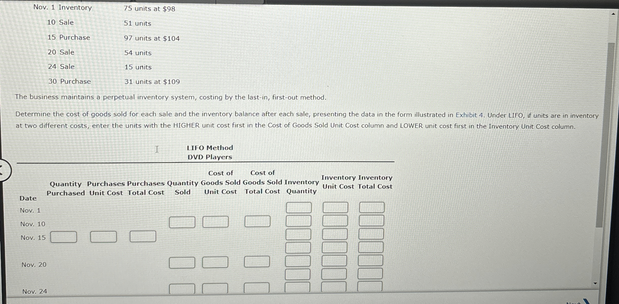 \ table [ [ Nov . 1 Inventory, 7 5 units at $ 9 8