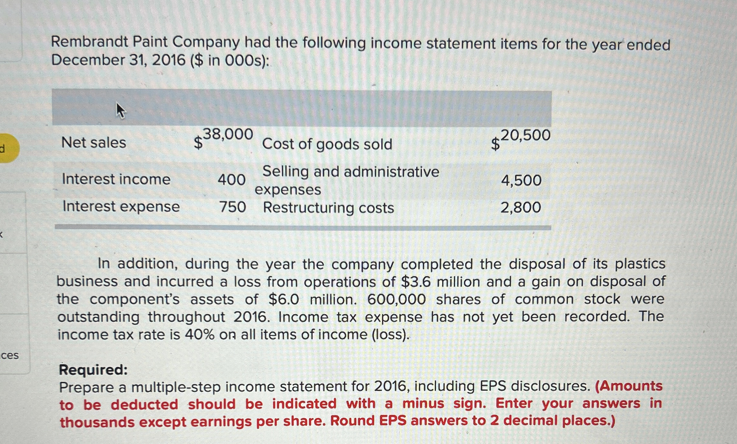 Rembrandt Paint Company had the following income