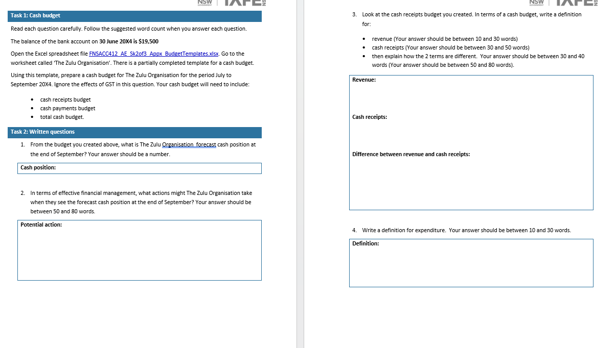 Nsw | LA EZ Task 1: Cash budget Read each