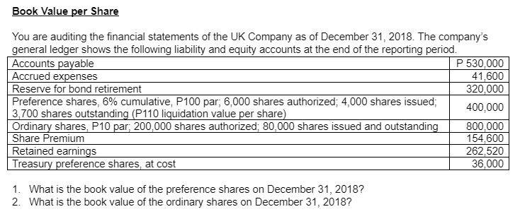 Case 6 Book Value per Share You are auditing the