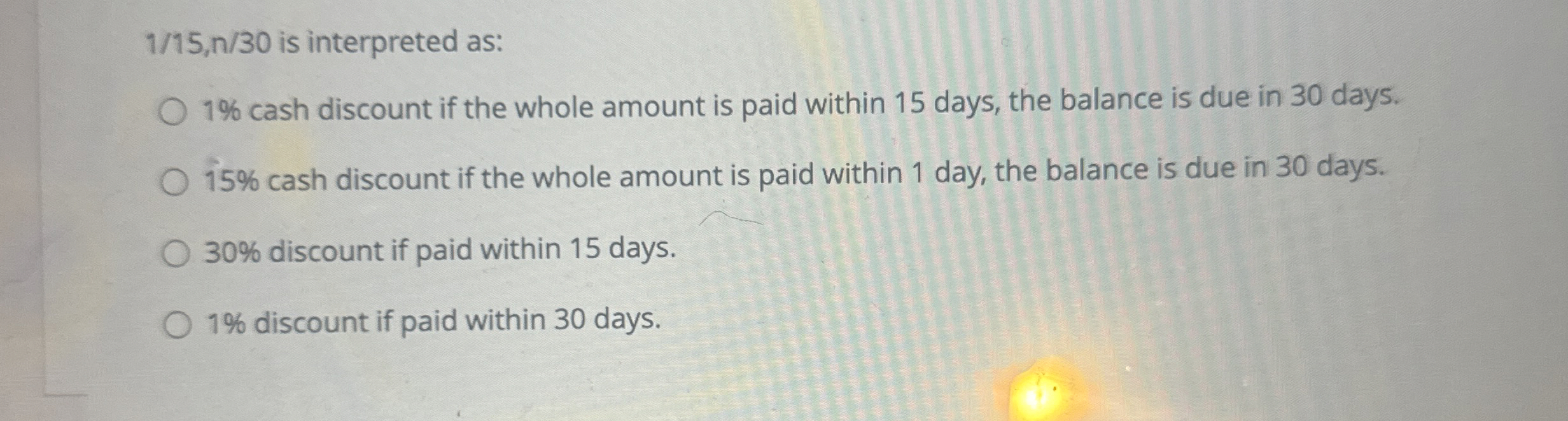 1 1 5 , n 3 0 is interpreted as: 1 % cash