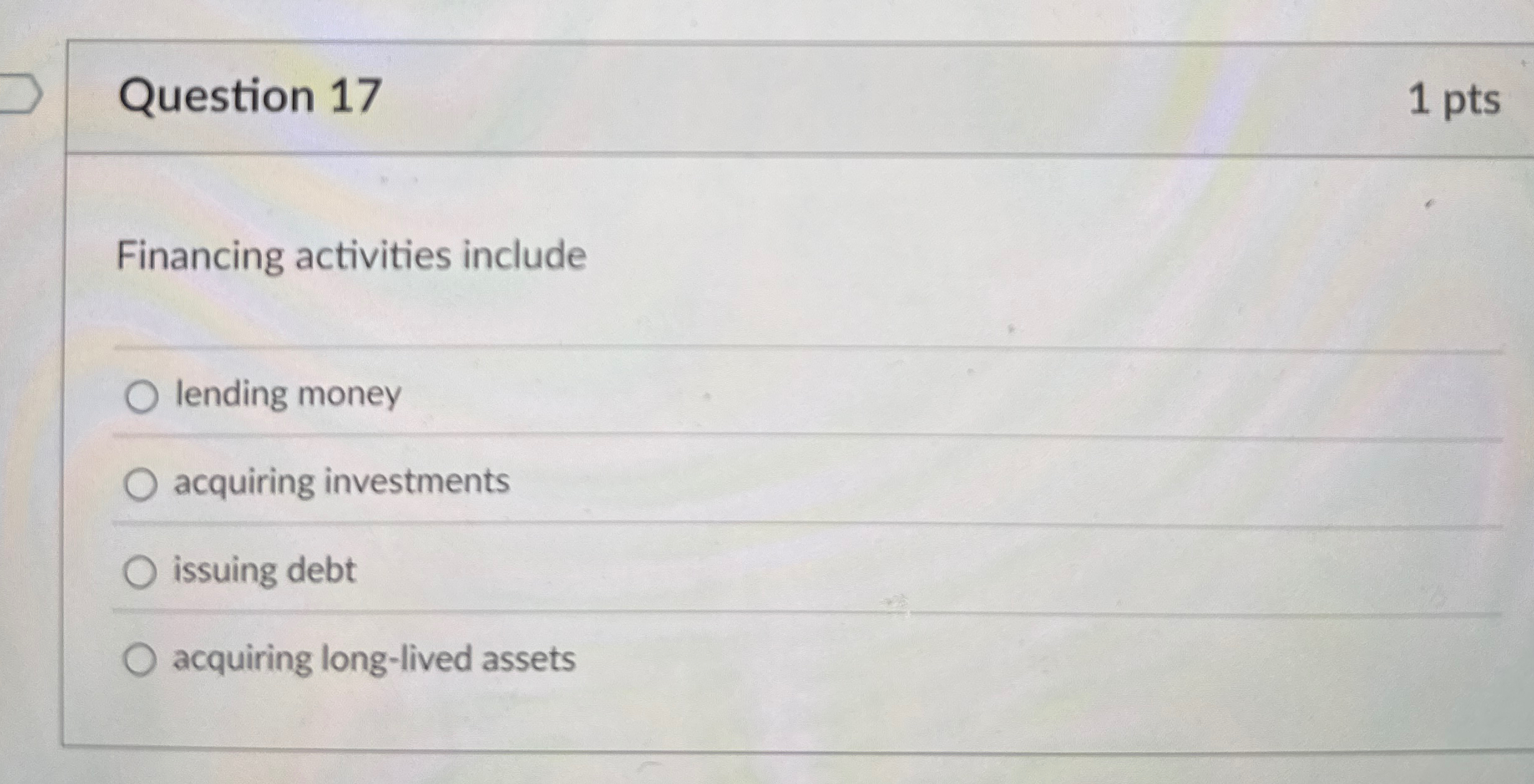 Question 1 7 1 pts Financing activities include