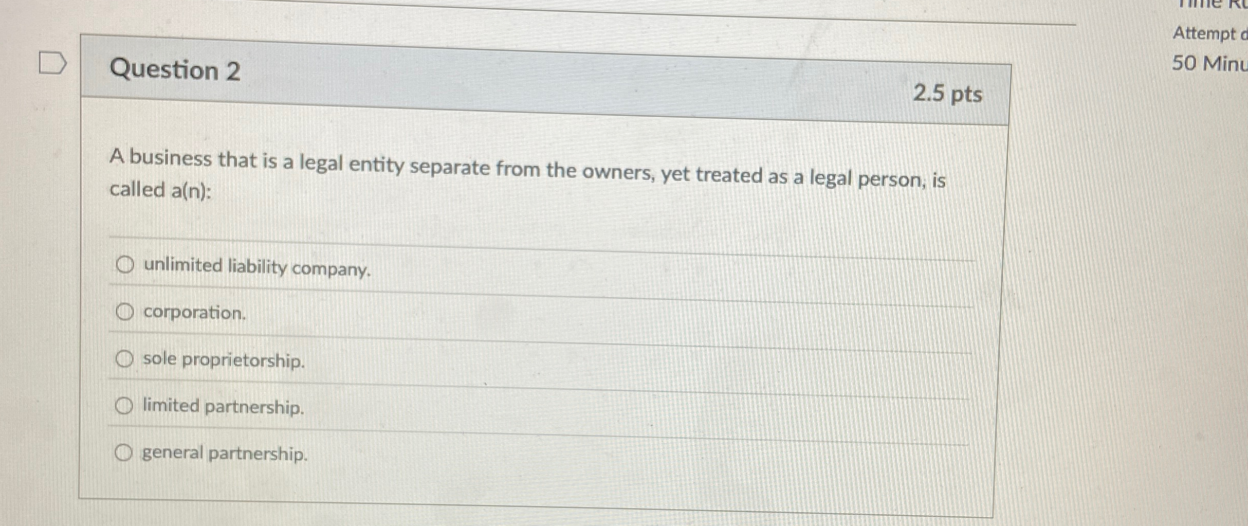Question 2 2 . 5 pts A business that is a legal