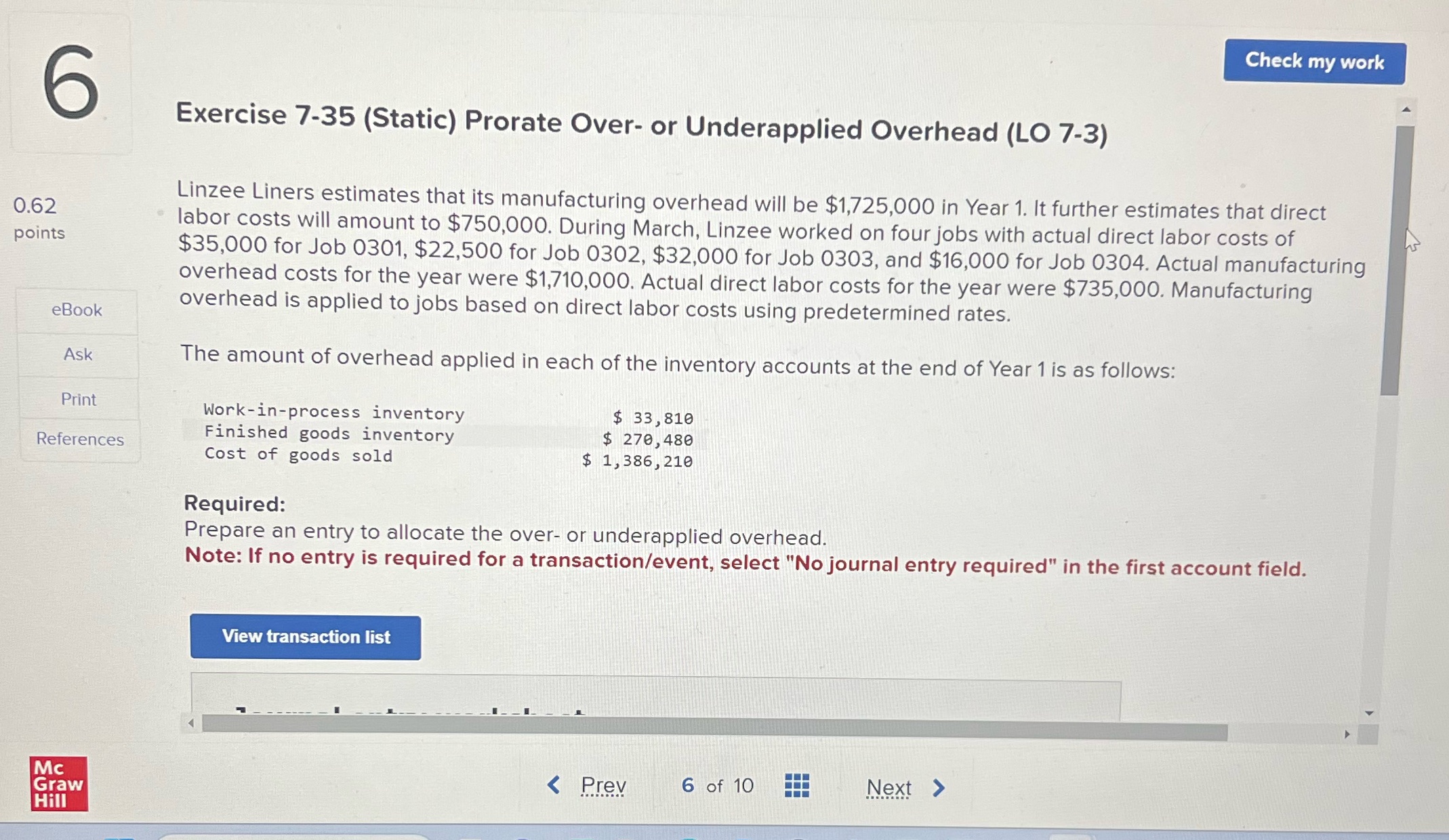 . Check my work Exercise 7-35 (Static) Prorate