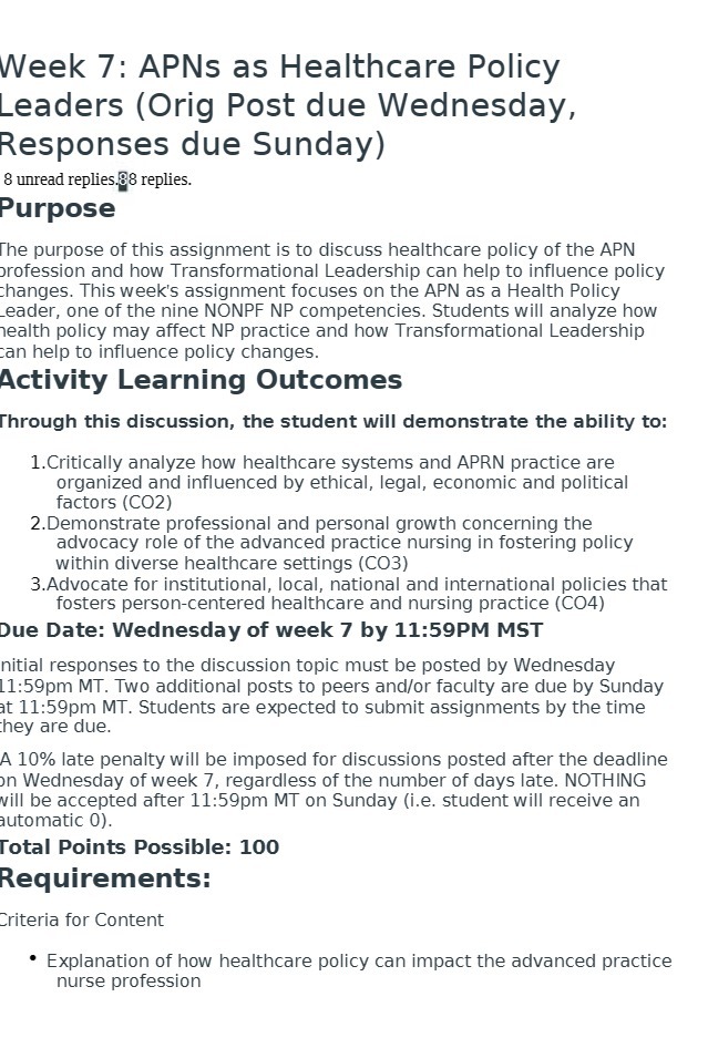 Week 7: APNs as Healthcare Policy eaders (Orig