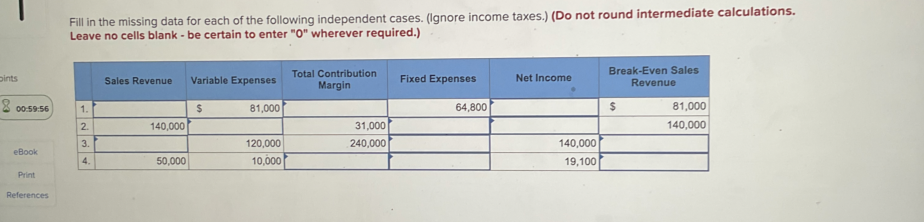 Fill in the missing data for each of the