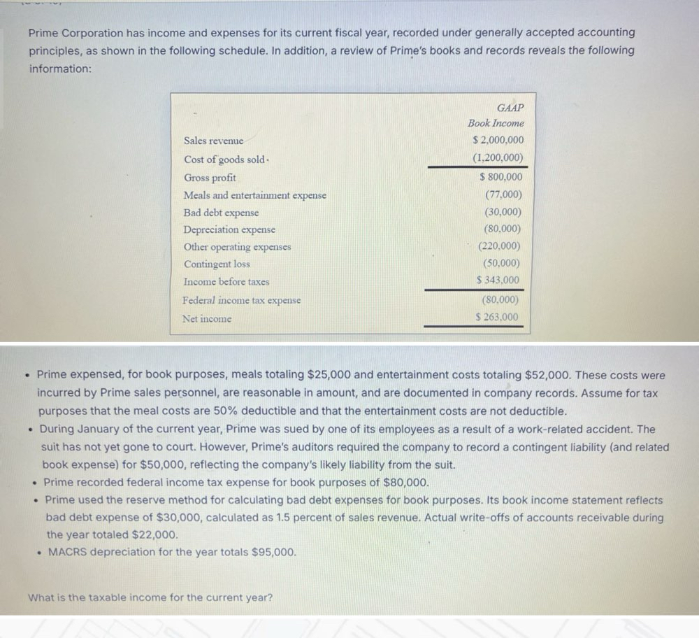 Prime Corporation has income and expenses for its