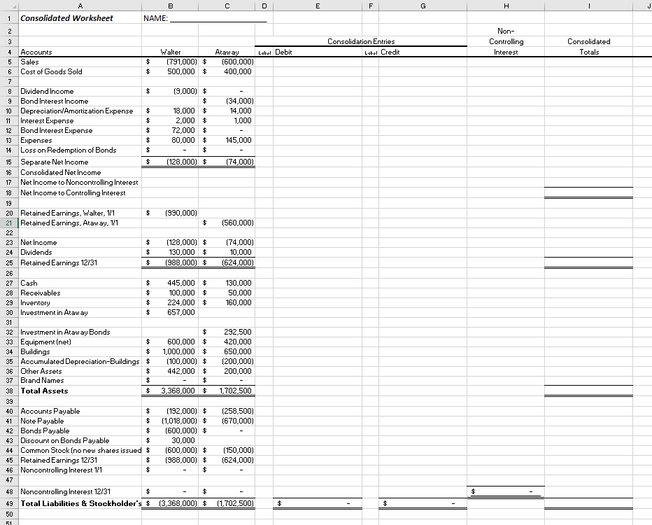 Complete the Consolidated Worksheet using Excel