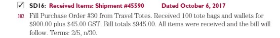 SD|6: Received Items: Shipment #45590 Dated