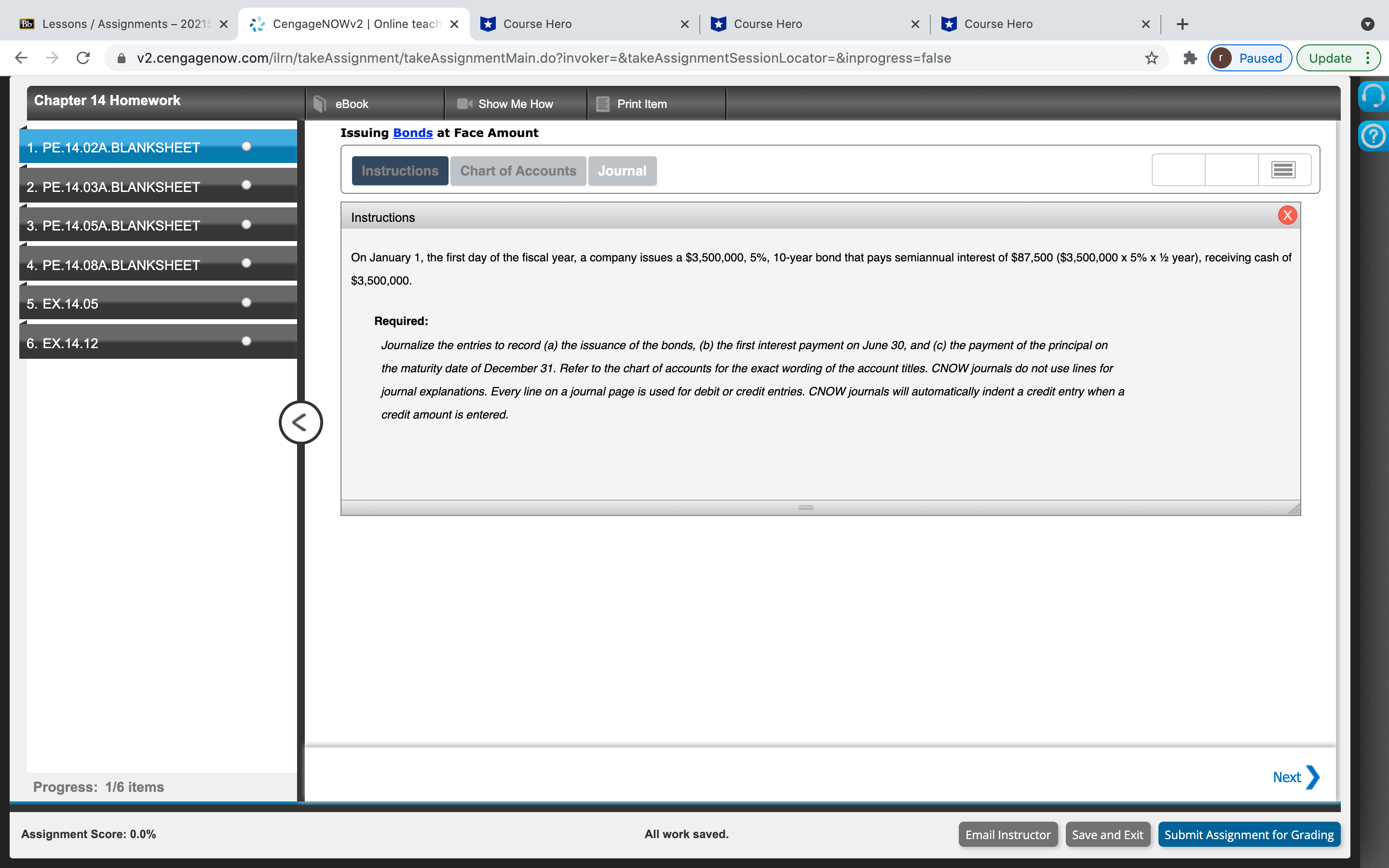 Chapter 14 Homework Q(1) Bb Lessons / Assignments
