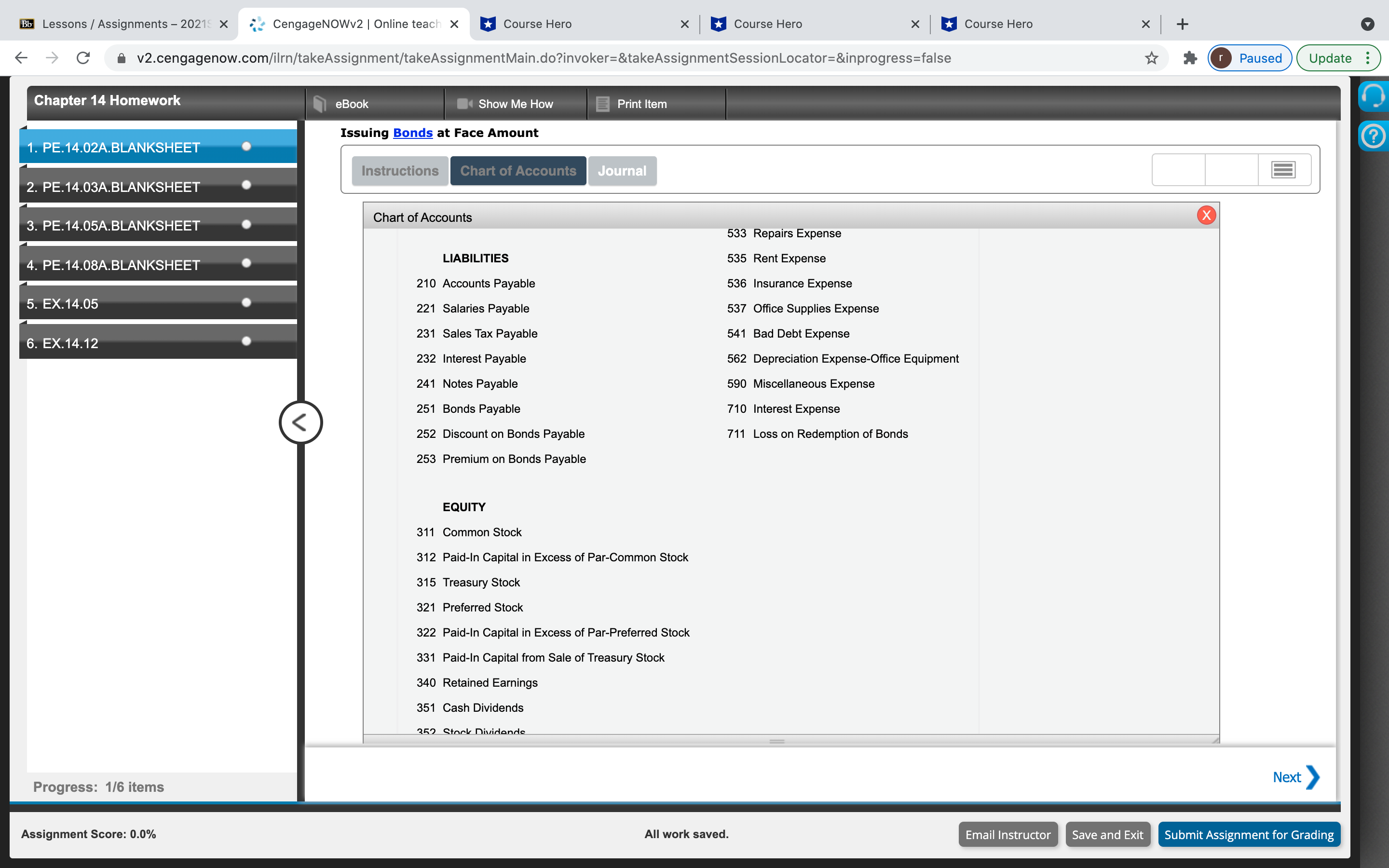 Chapter 14 Homework Q(1) Bb Lessons / Assignments