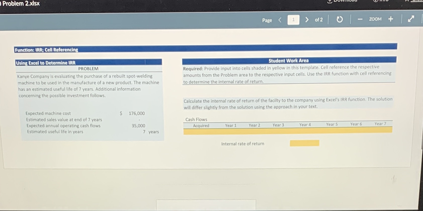 l Problem 2.xlsx Function; IRR: Cell Referencing