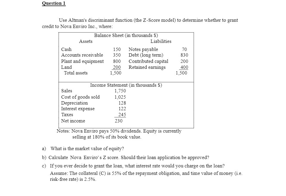Question 1 Use Altman's discriminant