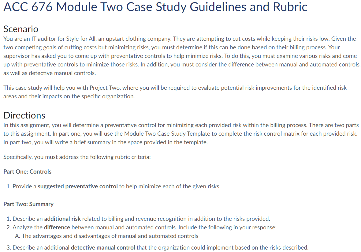 ACC 676 Module Two Case Study Guidelines and