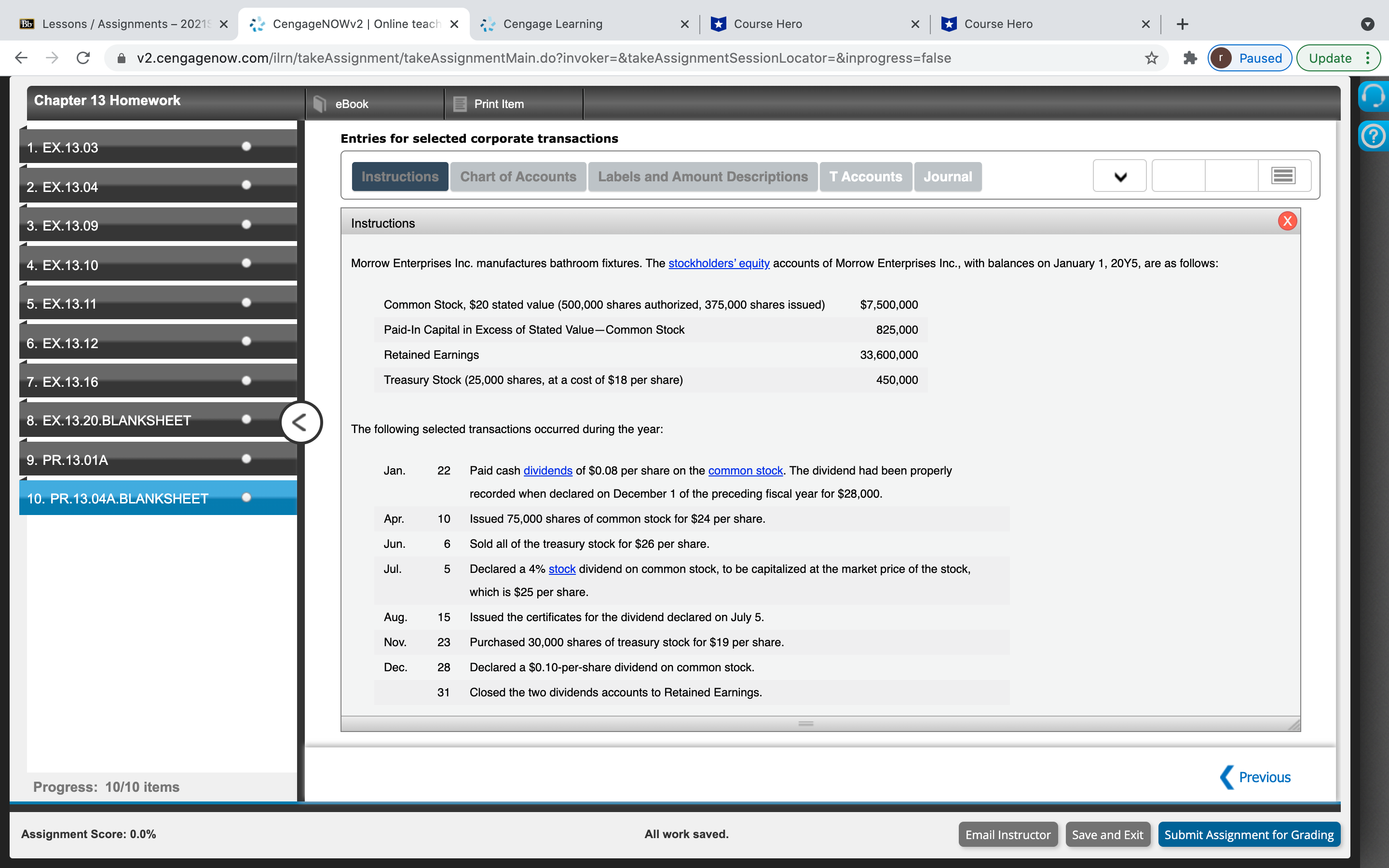 Chapter 13 Homework Q(10) Bb Lessons /