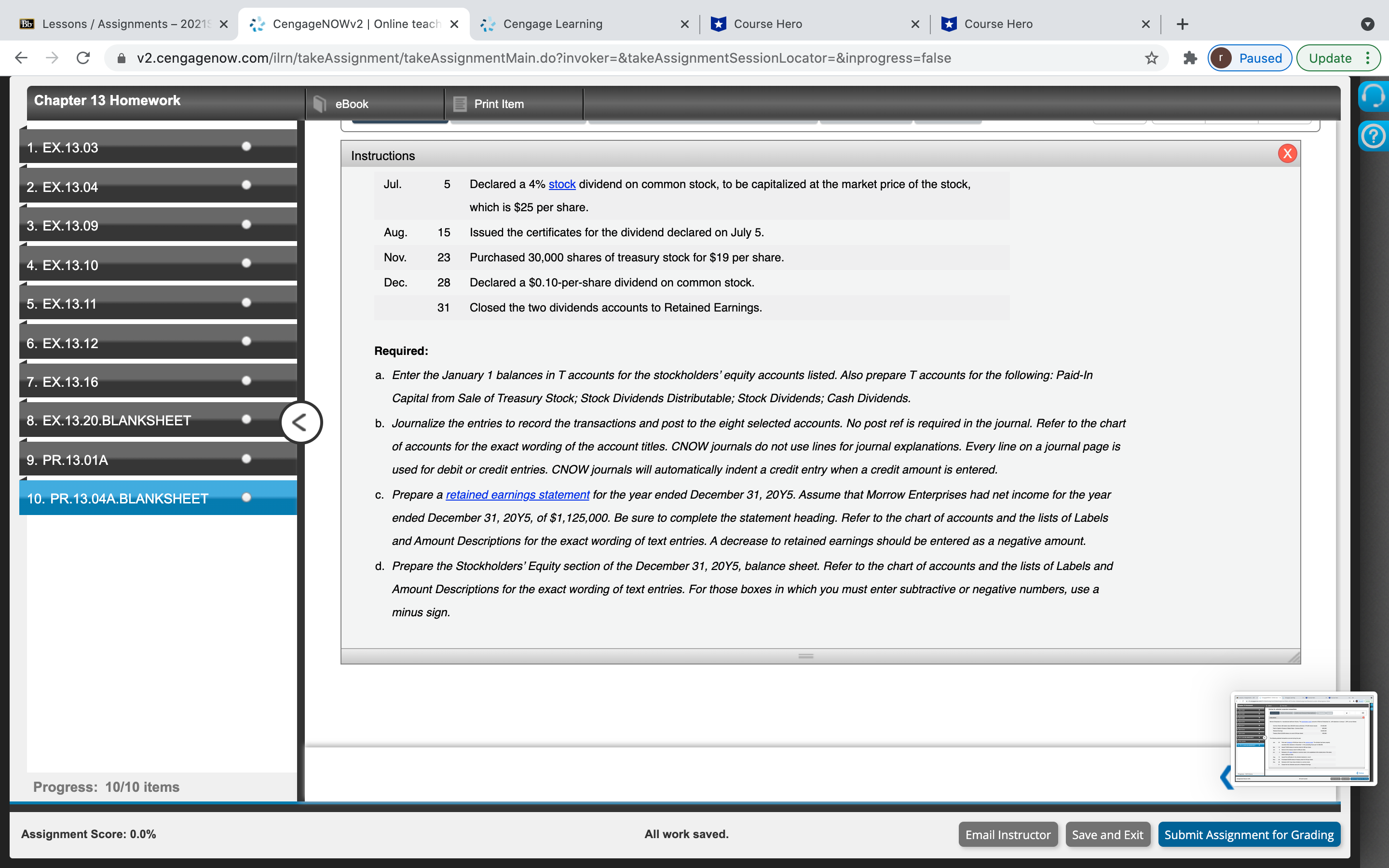Chapter 13 Homework Q(10) Bb Lessons /