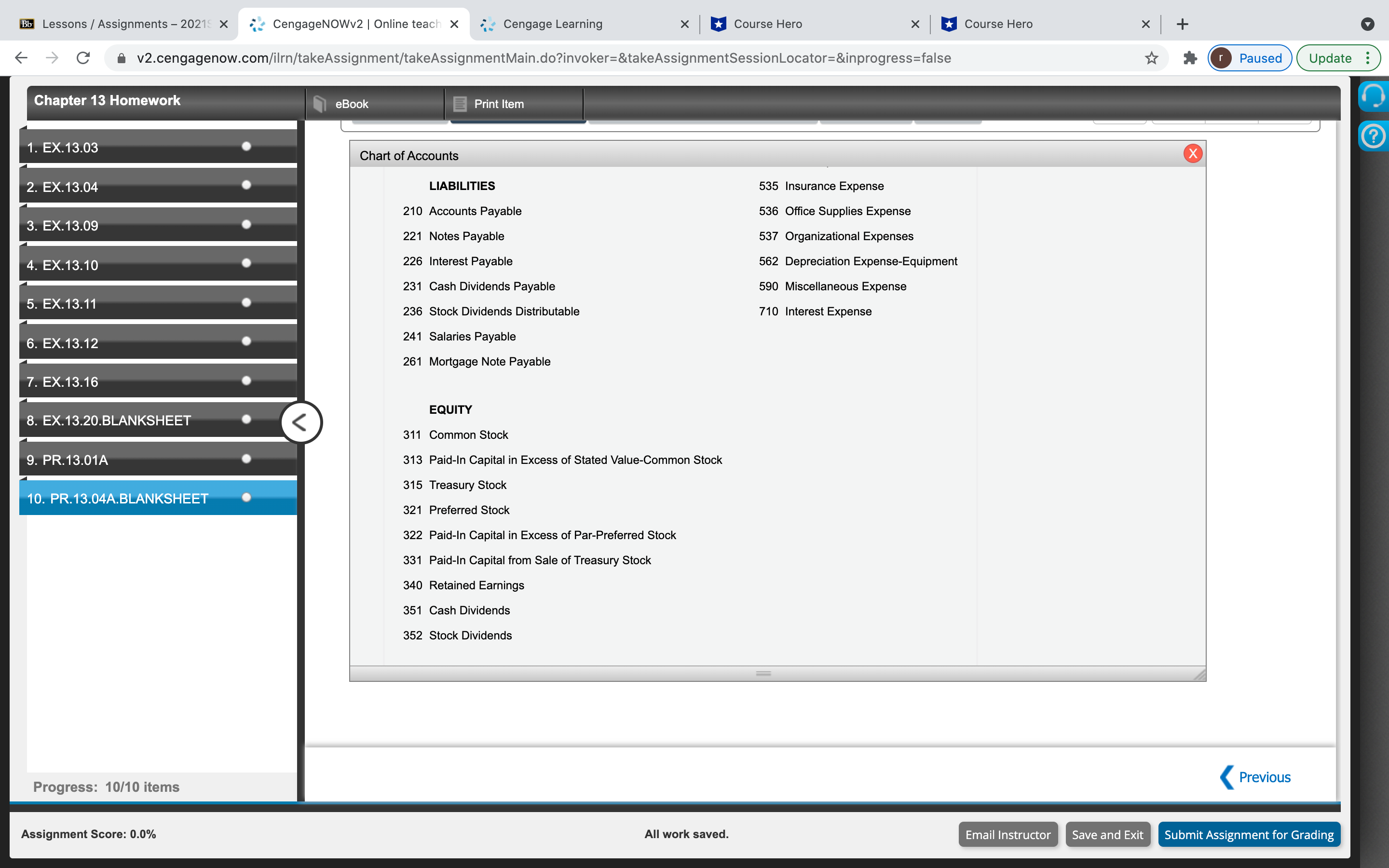 Chapter 13 Homework Q(10) Bb Lessons /