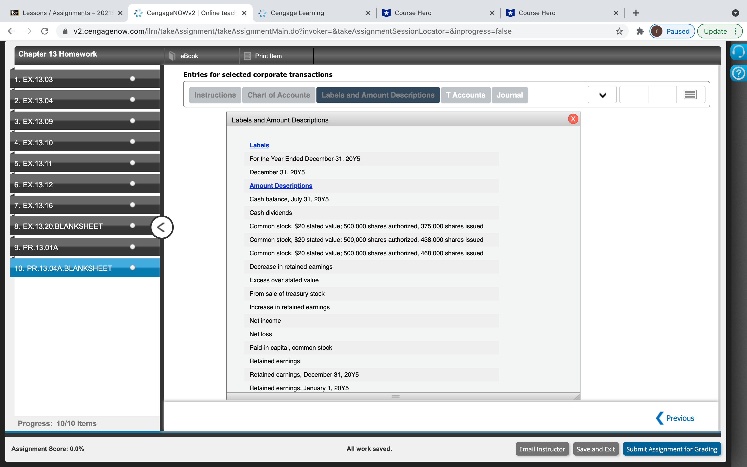 Chapter 13 Homework Q(10) Bb Lessons /