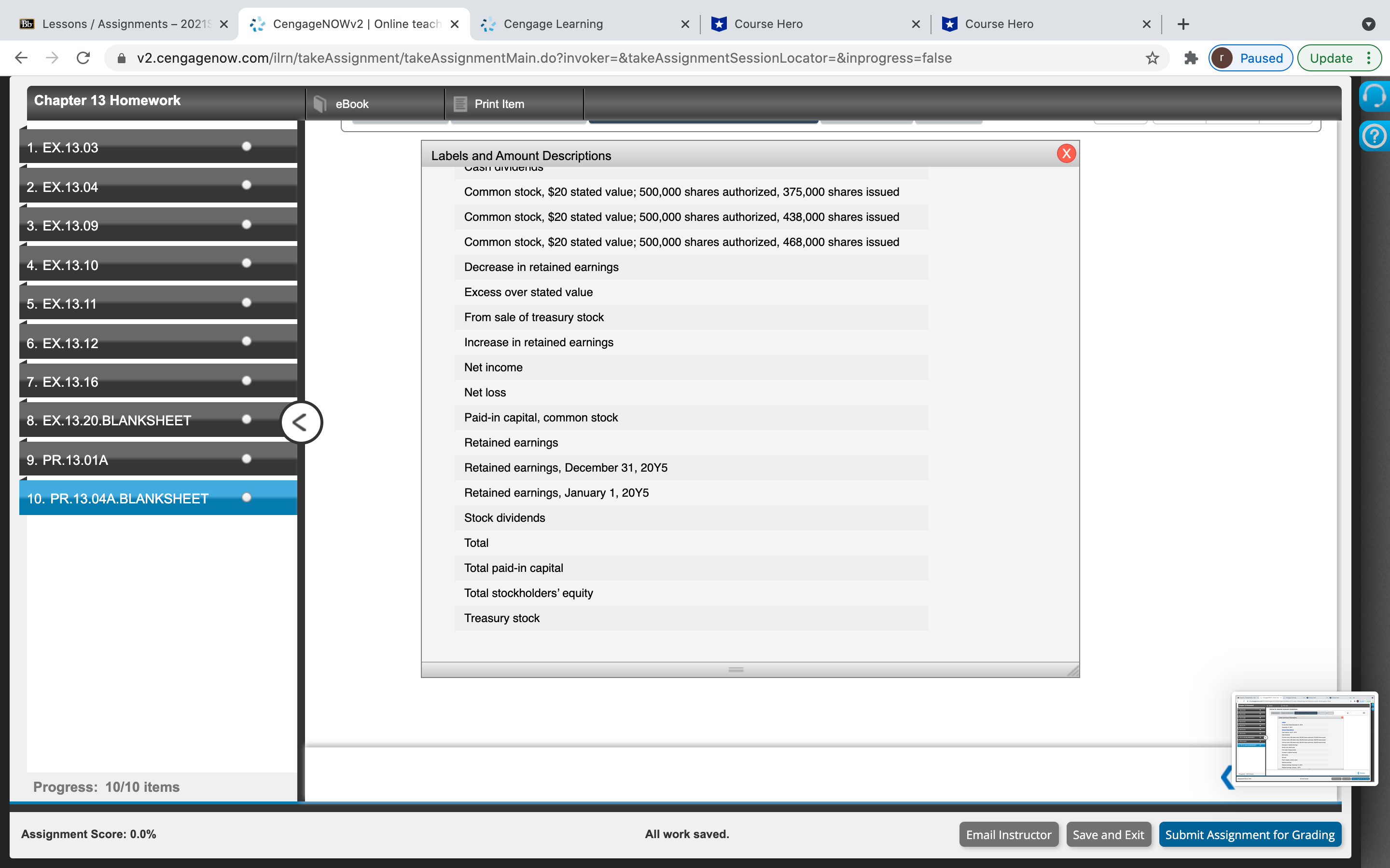 Chapter 13 Homework Q(10) Bb Lessons /