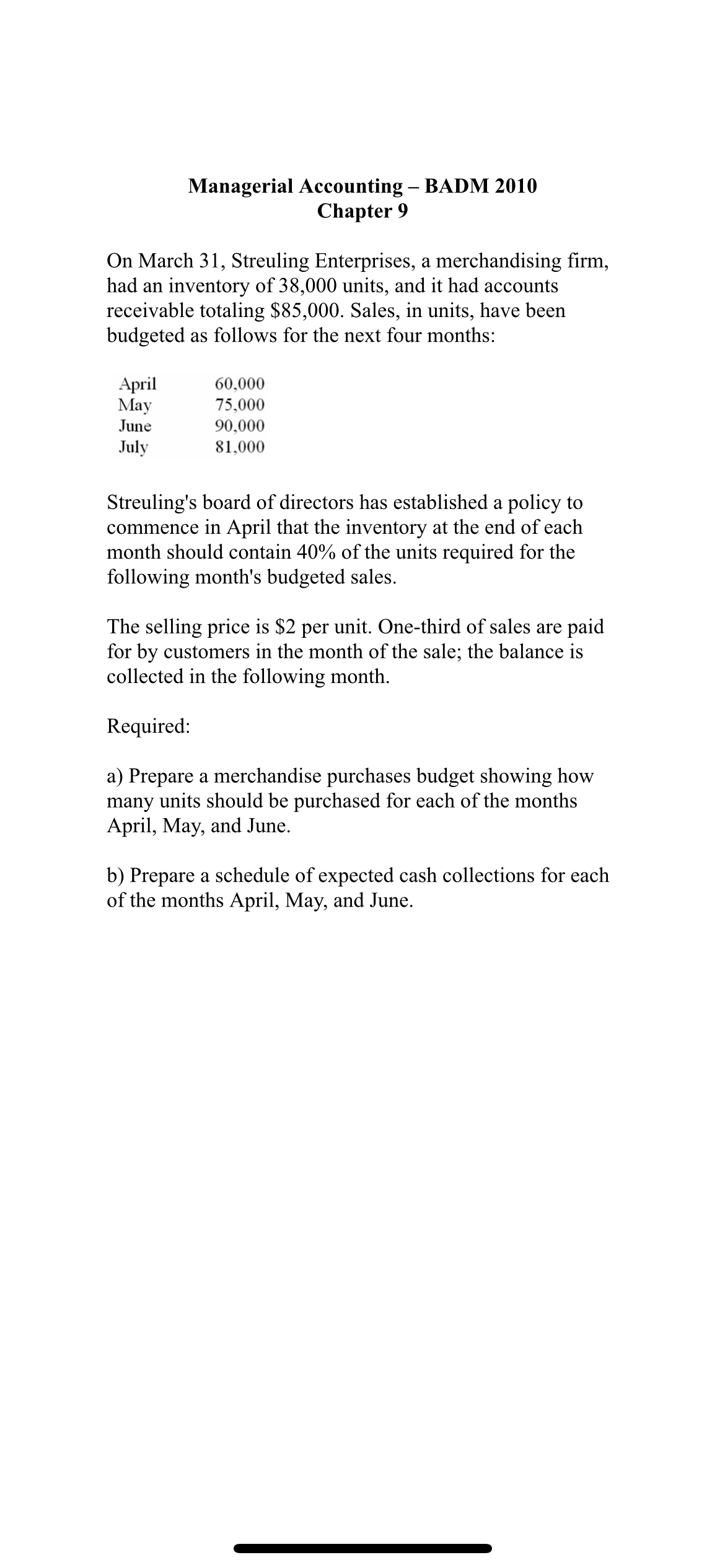 Managerial Accounting BADM 2010 Chapter 9 On