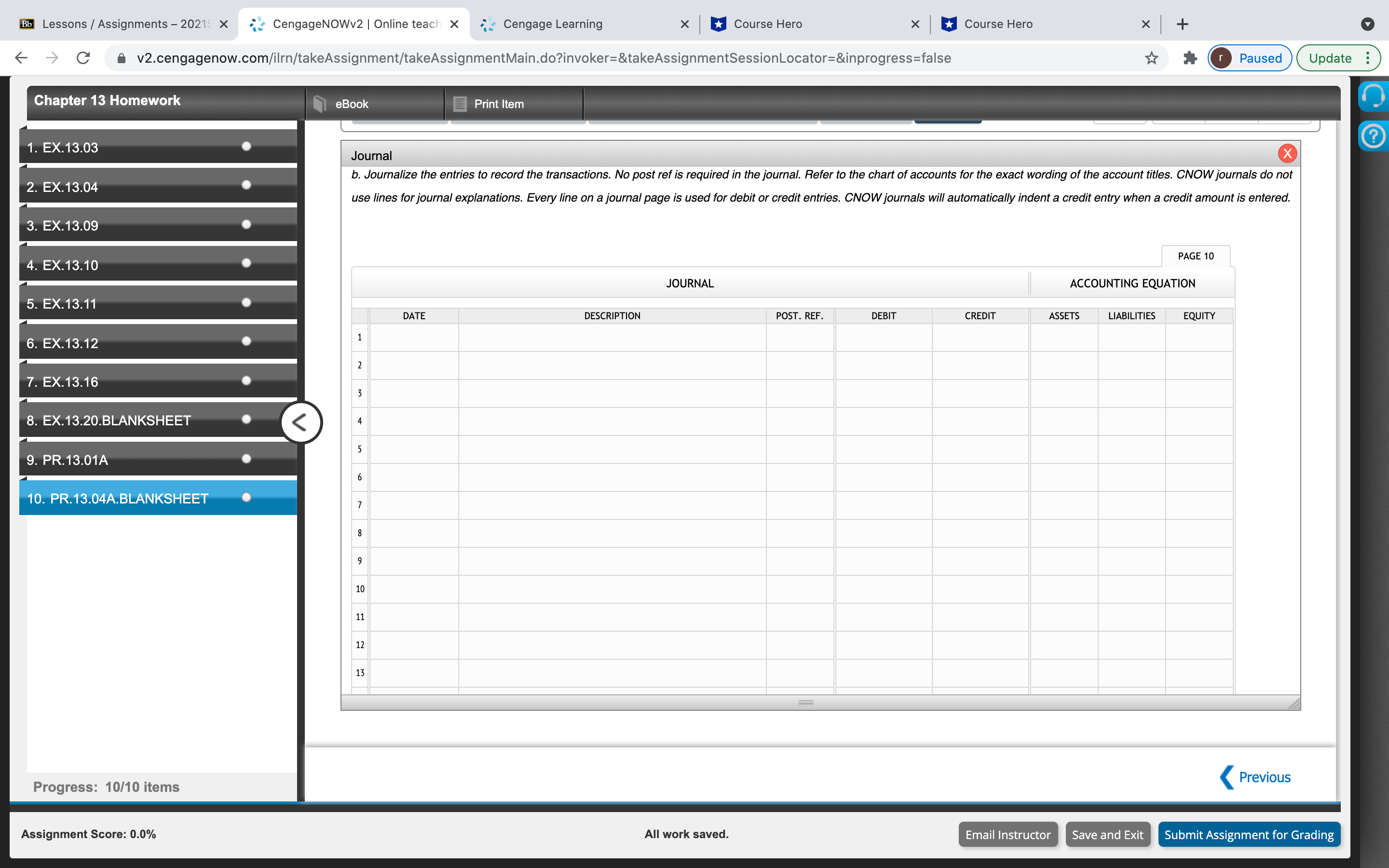 Chapter 13 Homework Q(10) Bb Lessons /