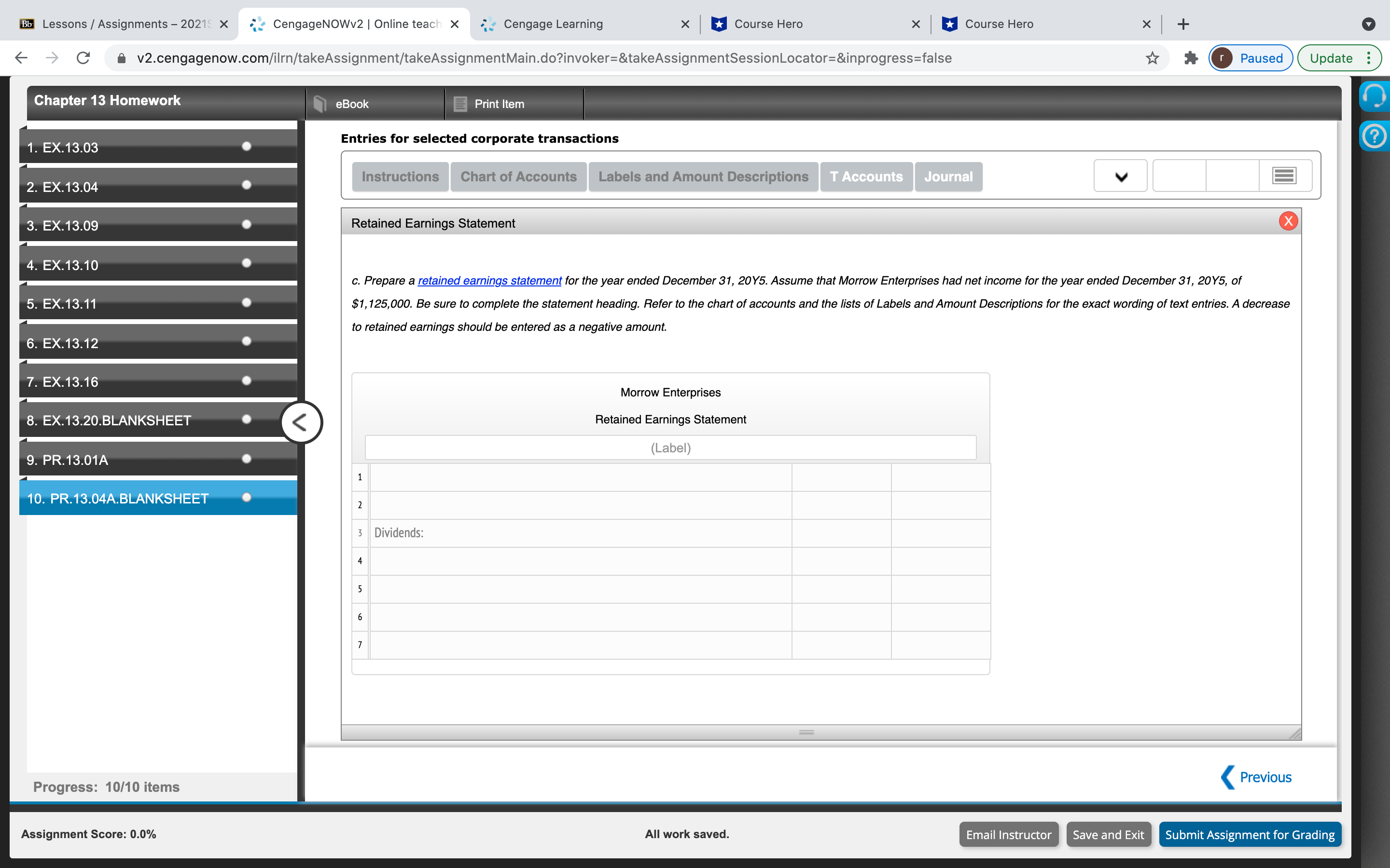 Chapter 13 Homework Q(10) Bb Lessons /