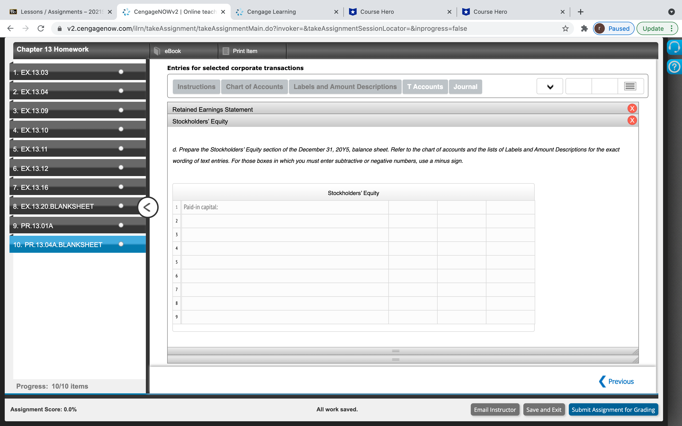 Chapter 13 Homework Q(10) Bb Lessons /