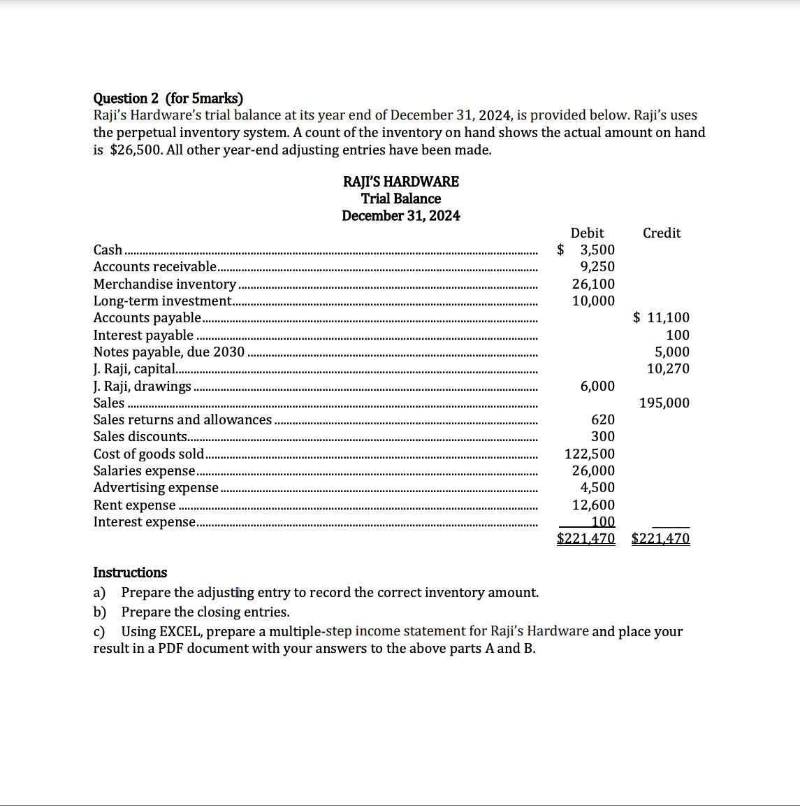 Question 2 (for Smarks) Raji's Hardware's