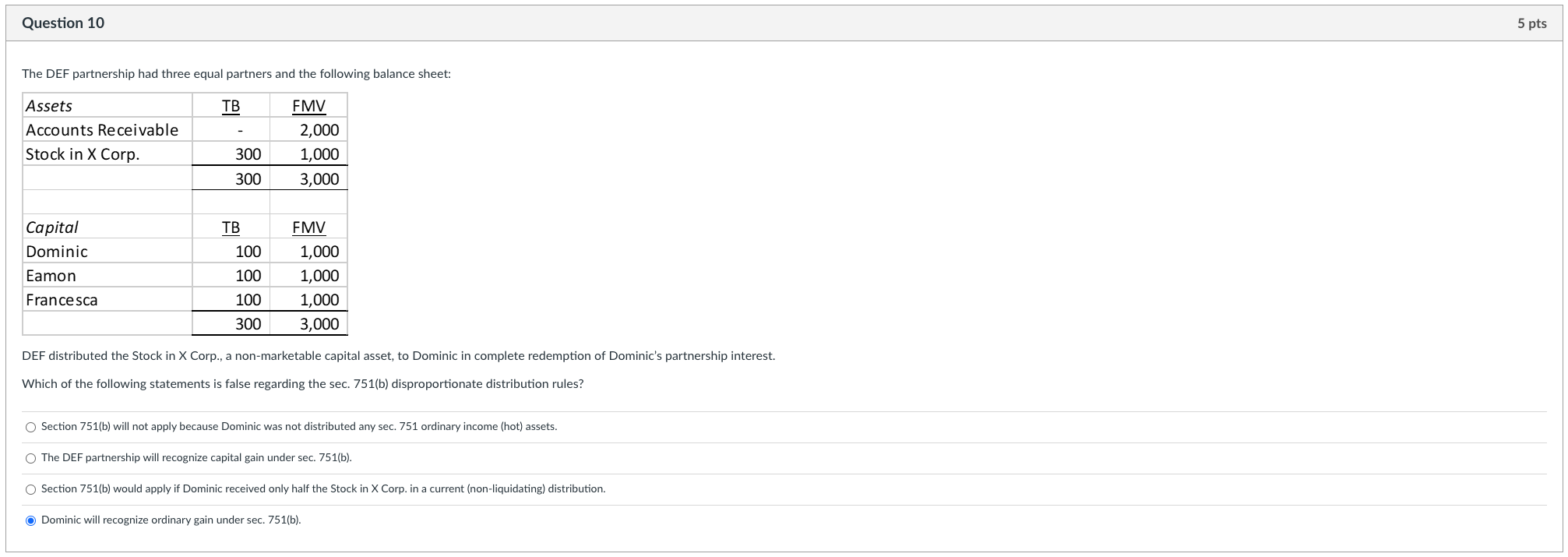Question 10 5 pts The DEF partnership had three
