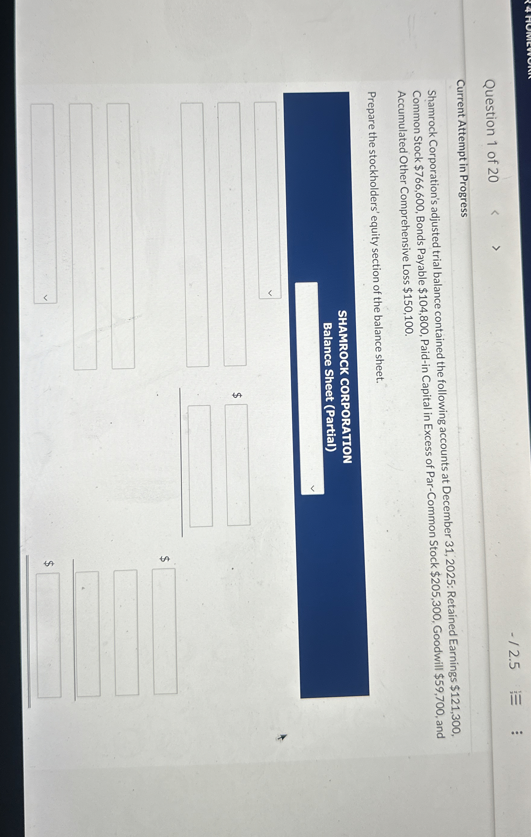 Question 1 of 2 0 - 2 . 5 Current Attempt in