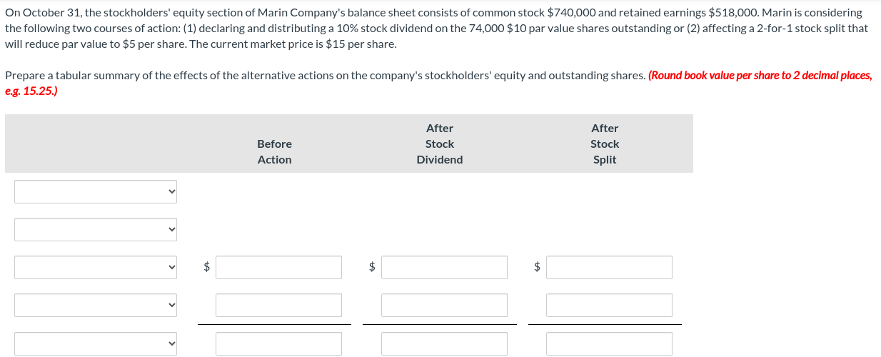 On October 3 1 , the stockholders' equity section