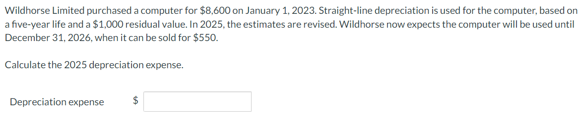 Wildhorse Limited purchased a computer for $8,600
