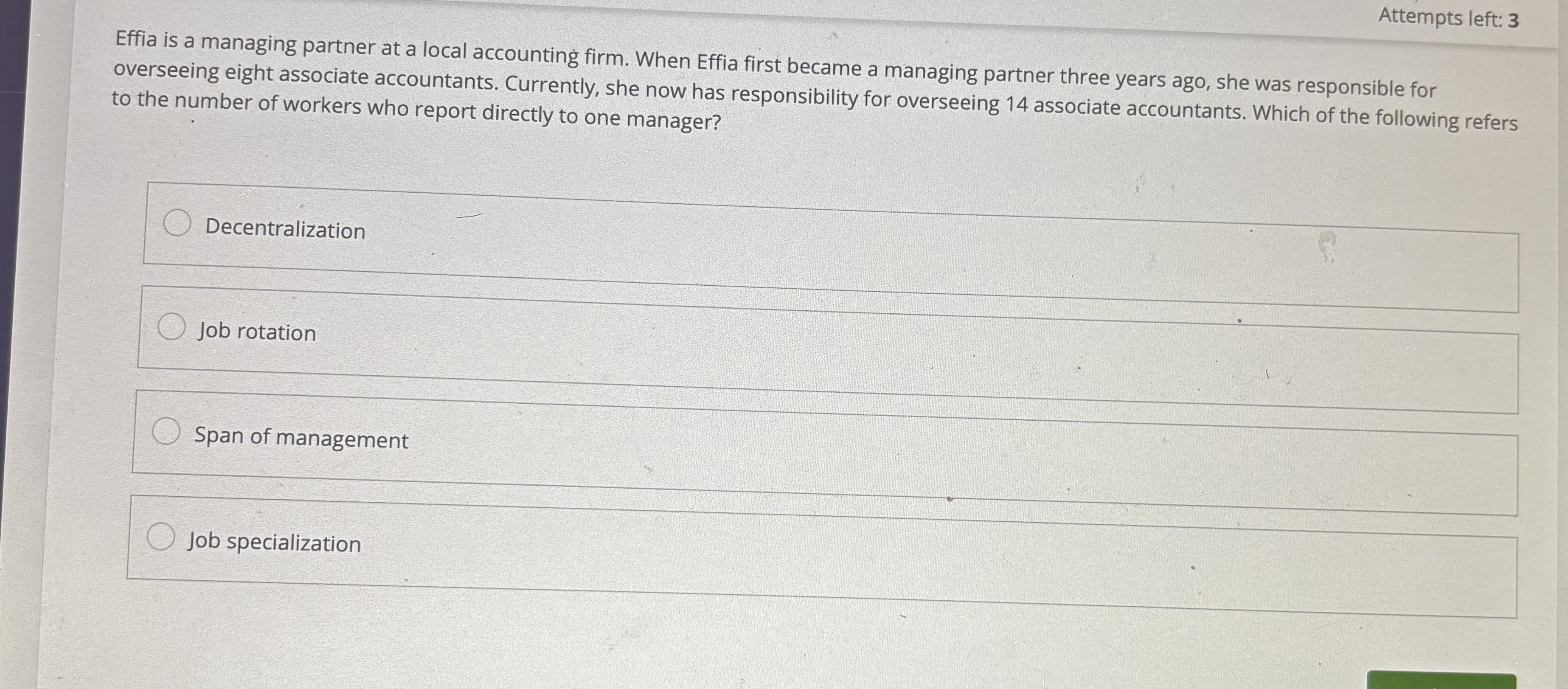 Attempts left: 3 Effia is a managing partner at a