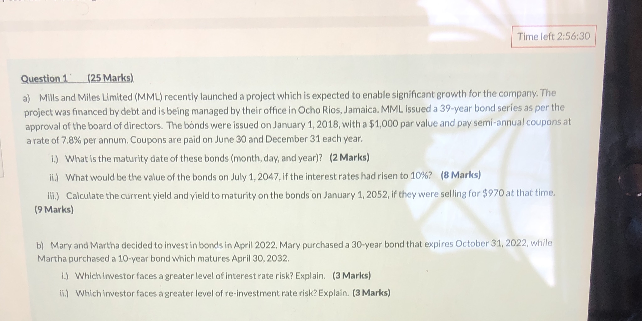 Time left 2:56:30 Question 1 (25 Marks) a) Mills