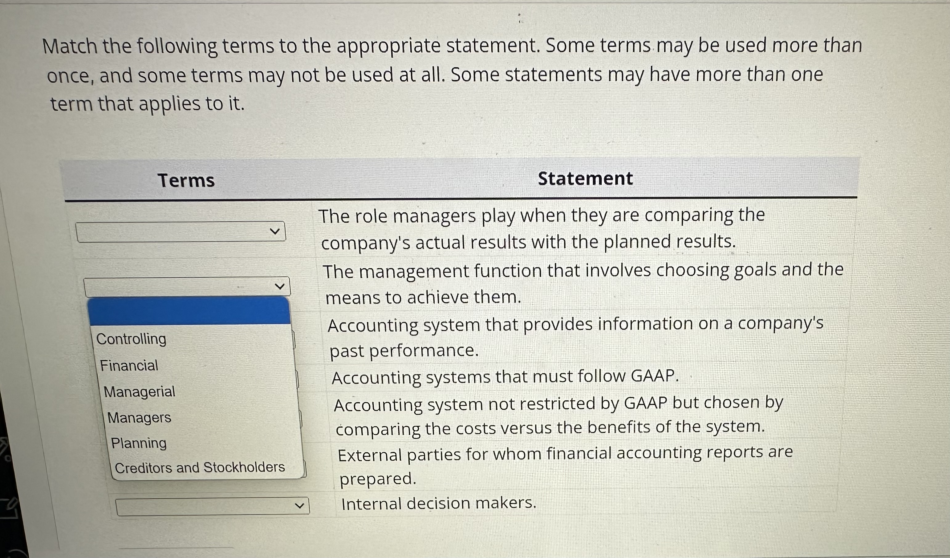 Match the following terms to the appropriate