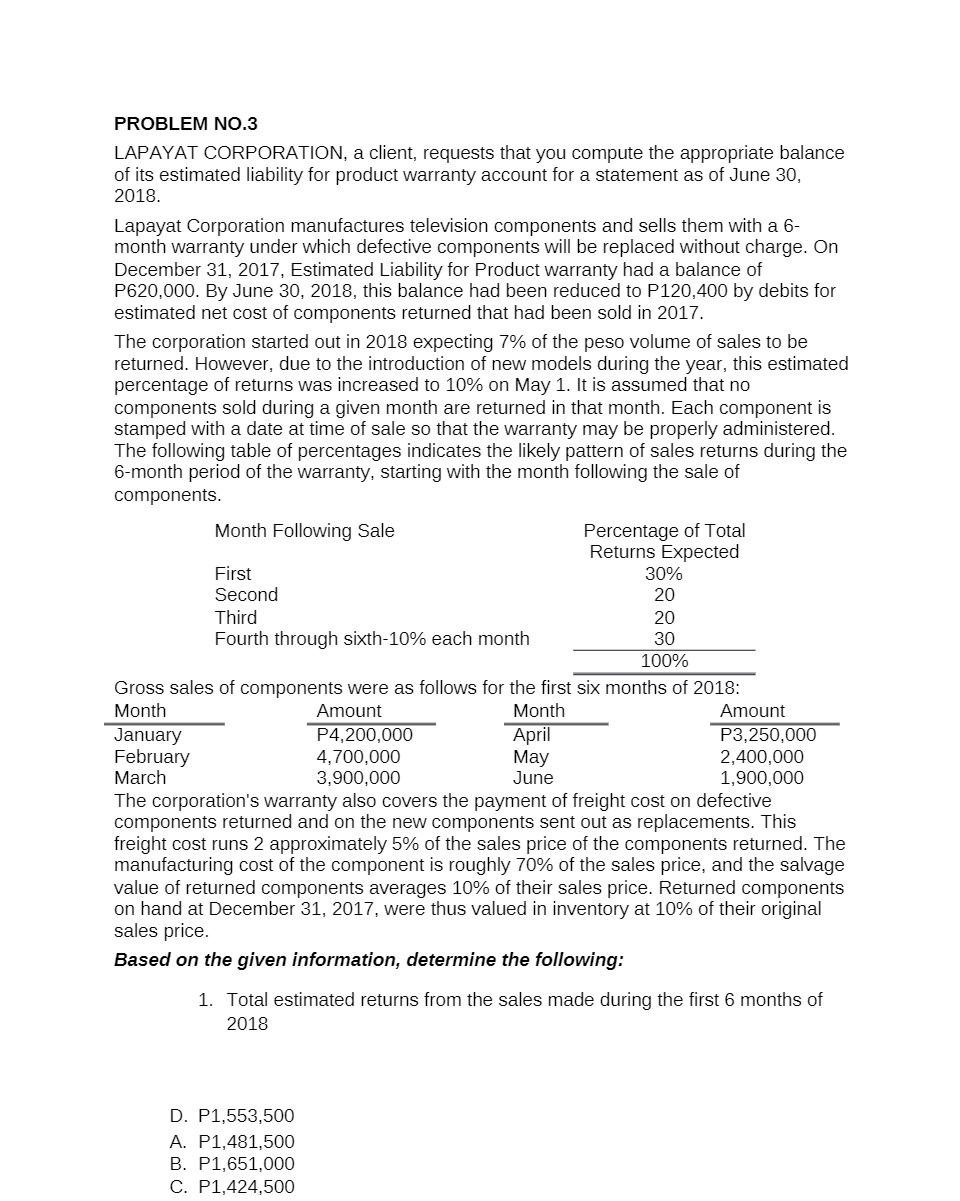 PROBLEM N03 LAPAYAT CORPORATION, a client,
