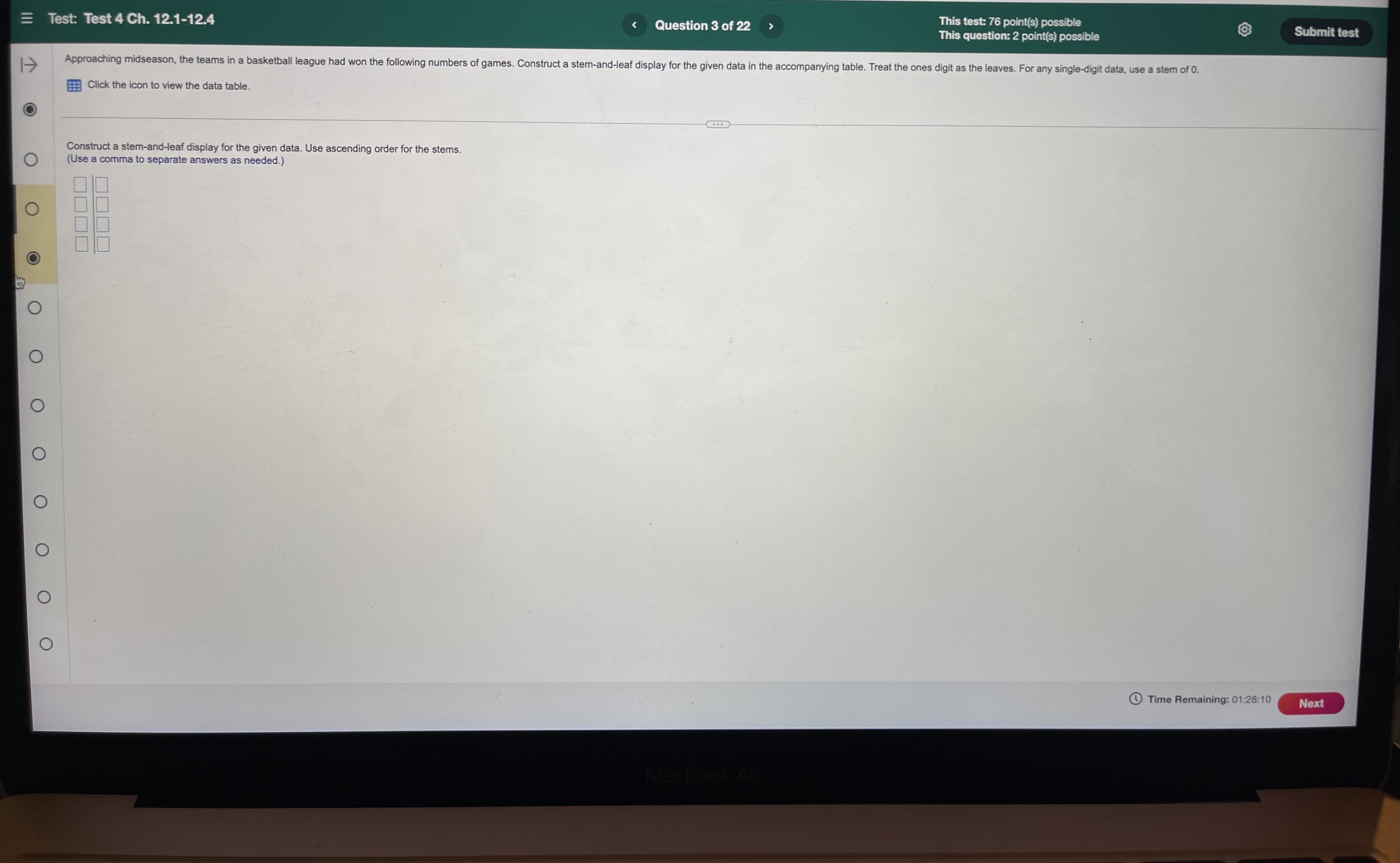 =Test: Test 4 Ch. 12.1-12.4 Question 4 of 22 This