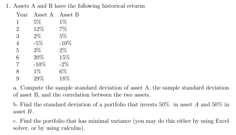 1. Assets A and B have the following historical