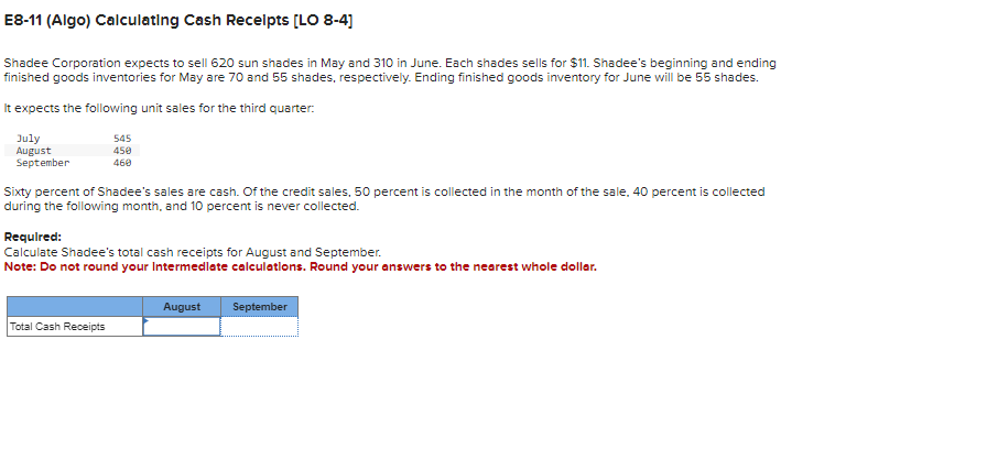 E 8 - 1 1 ( Algo ) Calculating Cash Recelpts [ LO